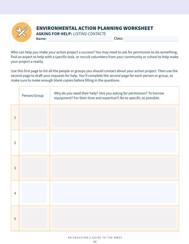 Front page of student worksheet for Environmental Action Planning Document